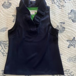 Gretchen Scott Ruff Neck Sleeveless Top. Navy Blue. Size Large.